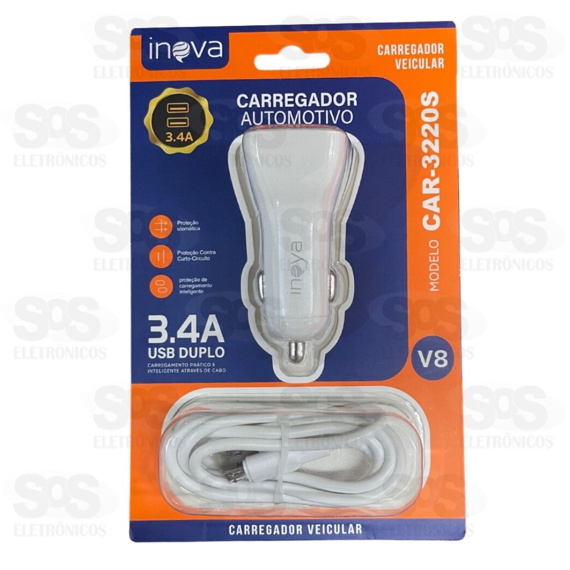 Carregador Veicular 2 USB 3.4A Com Cabo Micro USB V8 Inova CAR-3220S