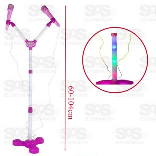 Microfone Karaokê Som LED Conecta Celular Pedestal Duplo Toy King TK-1959
