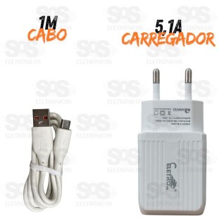 Carregador 25W USB 5.1A Cabo Micro USB V8 Eletromex EL-4013-V8