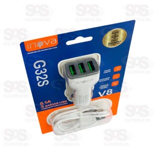 Carregador Veicular Com Cabo Micro USB V8 5.1A 3 USB Inova G32S