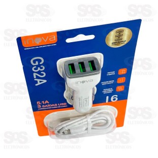 Carregador Veicular Com Cabo Iphone 5.1A 3 USB Inova G32A
