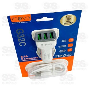 Carregador Veicular Com Cabo Type C 5.1A 3 USB Inova G32C
