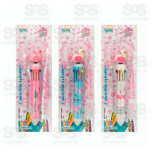 Caneta Com 10 Cores Flamingo Polibrinq SCB31
