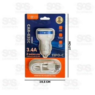 Carregador Veicular 2 USB 3.4A Cabo Type C Inova G35C