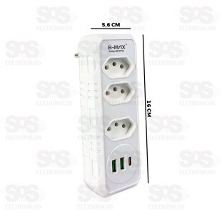 Adaptador 3 Tomadas Com USB e Type C B-Max BM-8702A