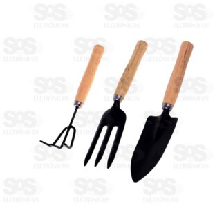 Kit Jardim Com Pá Garfo E Rastelo Cabo Madeira Ivon 3053