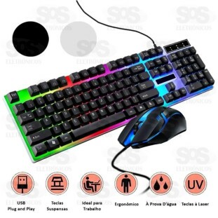 Kit Teclado e Mouse Gamer Com Fio LED RGB Eletromex EL-2112