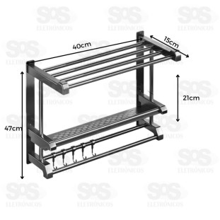Toalheiro De Parede Com Porta Toalha Duplo Com Ganchos B-Max F1593