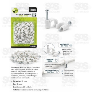 Fixa Cabo Cartela Com 50 Unidades 10mm Branco e Preto HM-682