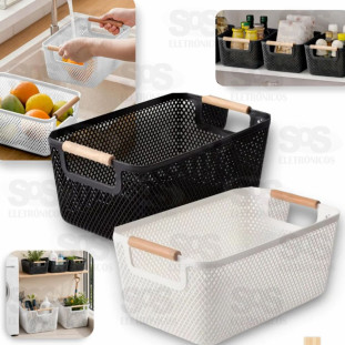 Cesto Multiuso Com Alças De Madeira 30x20cm Livon 6698