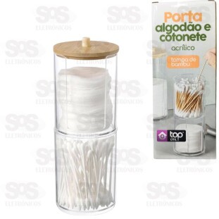 Porta Cotonete e Algodão Duplo Tampa de Bambu Top Útil 1458