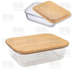Pote De Vidro Retangular Com Tampa De Bambu 320ML TOP1529