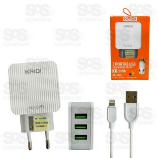 Carregador 3 USB 3.1A Com Cabo Lightning Kaidi KD-606A
