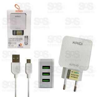 Carregador 3 USB 3.1A Com Cabo Micro USB V8 Kaidi KD-606S