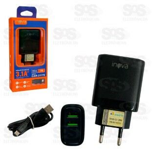 Carregador 2 USB 3.1A Com Cabo Micro USB V8 Inova CAR-3117S