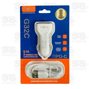 Carregador Veicular Com Cabo Type C 5.1A 3 USB Inova G32C