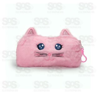 Estojo Escolar Pelúcia Gato Rosa Polibrinq SCB132