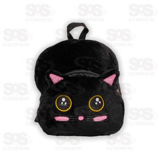 Mini Mochila Escolar Pelúcia Gatinho Preto Polibrinq SCB116
