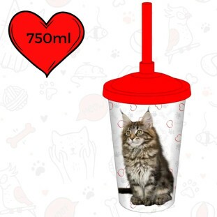 Copo Plástico Com Canudo 750ML Cat Maine Coon 0182A