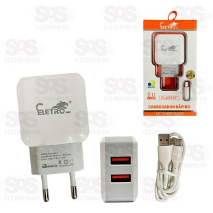 Carregador 2 USB 5.1A Com Cabo Type C Eletromex EL-4012-TY