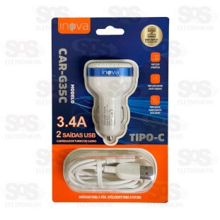 Carregador Veicular 2 USB 3.4A Cabo Type C Inova G35C