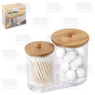 Porta Cotonete e Algodão Duplo Tampa de Bambu Top Útil 1648