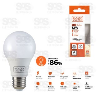 Lâmpada LED Bulbo 12W E27 Luz Branca Black+Decker BDA6-1000