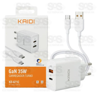 Carregador Turbo USB + PD 35W Coim Cabo USB E Type C  Kaidi KD-671C