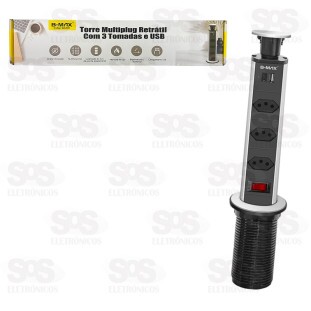 Torre Retrátil Multiplug 3 Tomadas e USB B-Max BM-8691