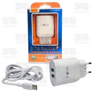 Carregador 2 Usb 3.1A Com Cabo Type C Inova Car-3296C
