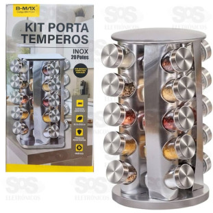 Porta Temperos 20 Potes Giratorio Redondo Inox e Vidro B-Max BM-F1241