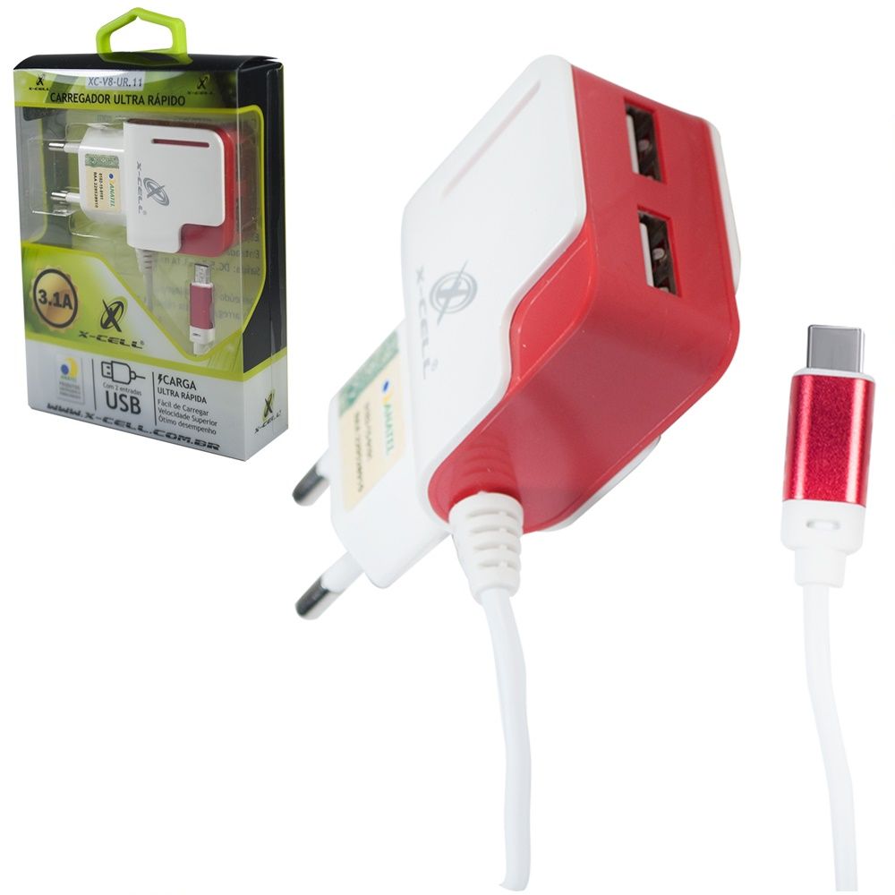 Carregador Type C Ultra Rpido 3.1A Com 3 USB  X-cell UR-14