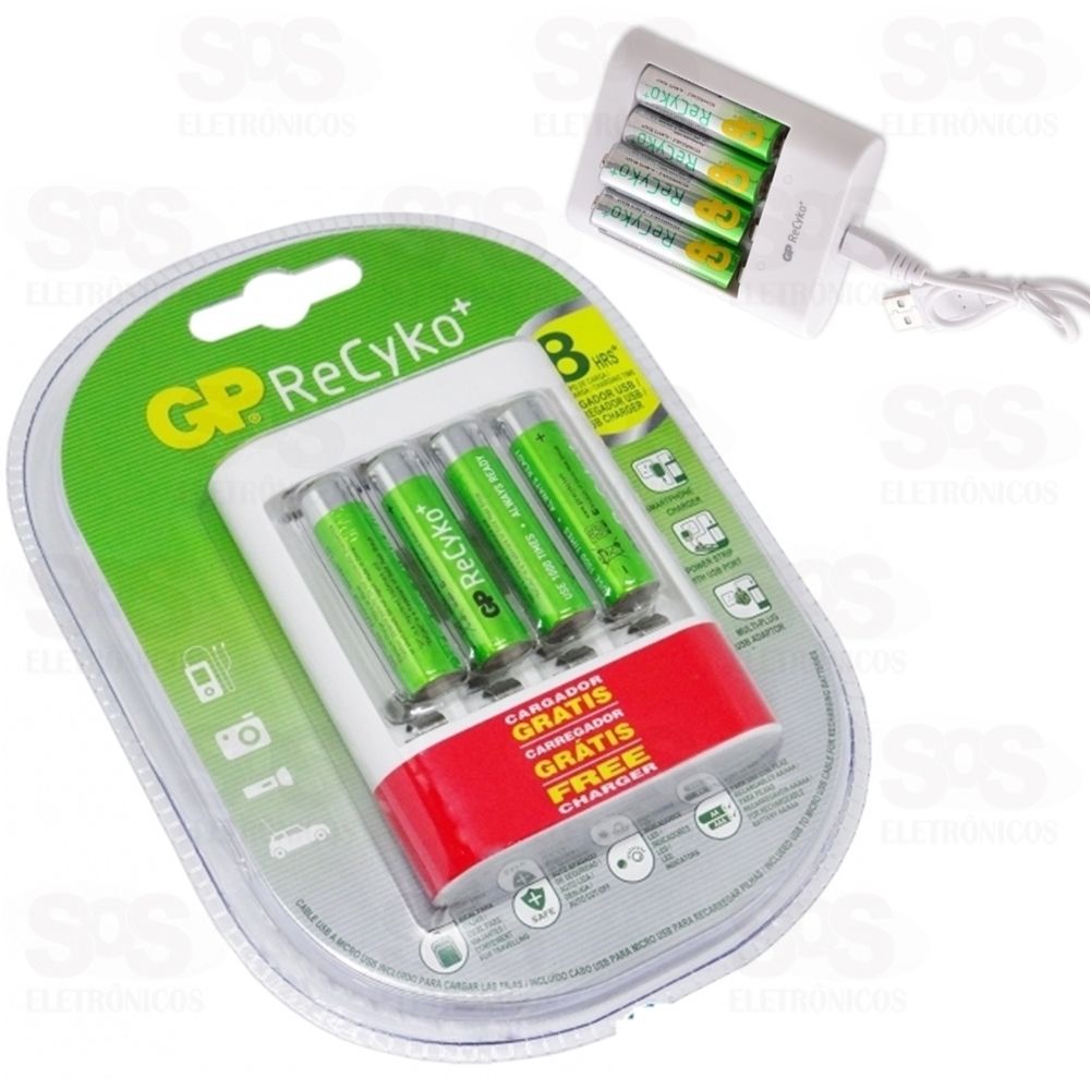 Carregador USB Com 4 Baterias Recarregável AAA GP 