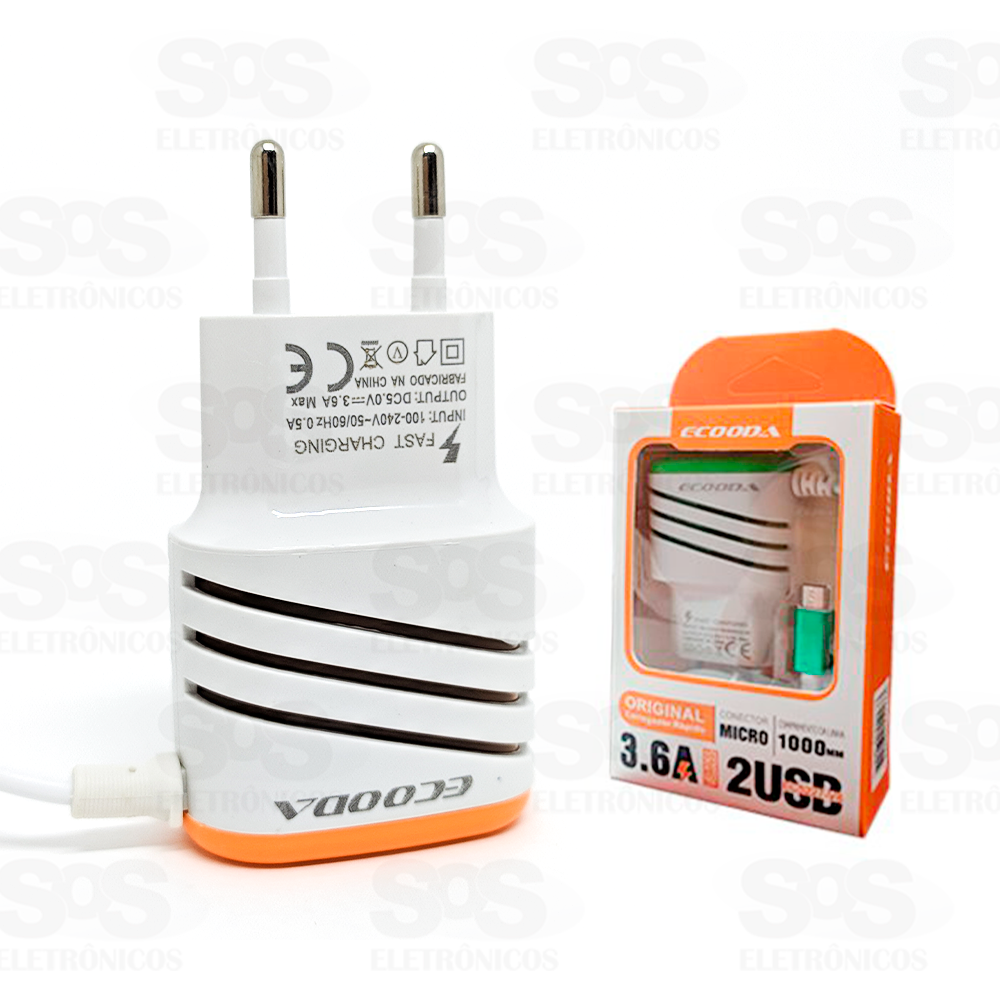 Carregador MIcro USB V8 Rápido 3.6A 2 USB Ecooda ec5227-V8