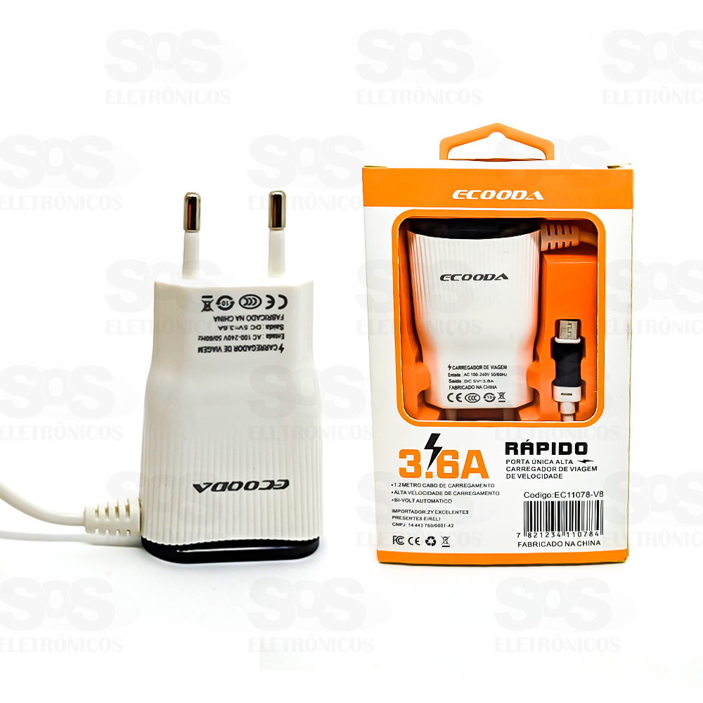 Carregador Micro USB V8 Rápido 3.6A  2USB Ecooda 11078-v8