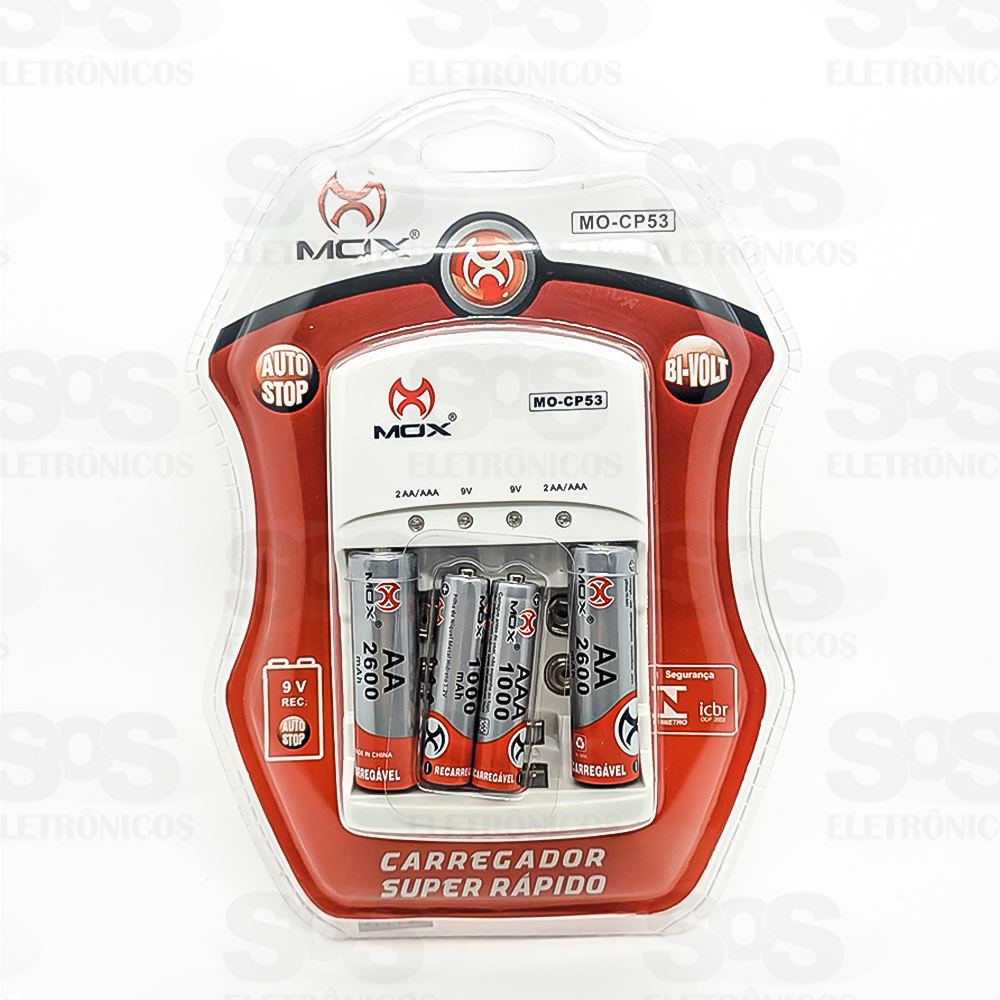Carregador Com 2 Baterias AA E 2 AAA Super Rápido Mox mo-cp53