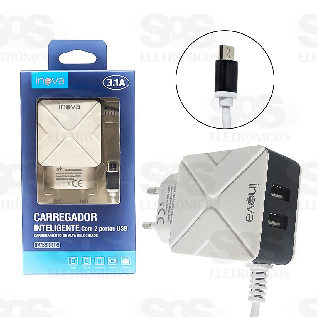 Carregador Micro USB V8 3.1A 2 USB Inova car-9016