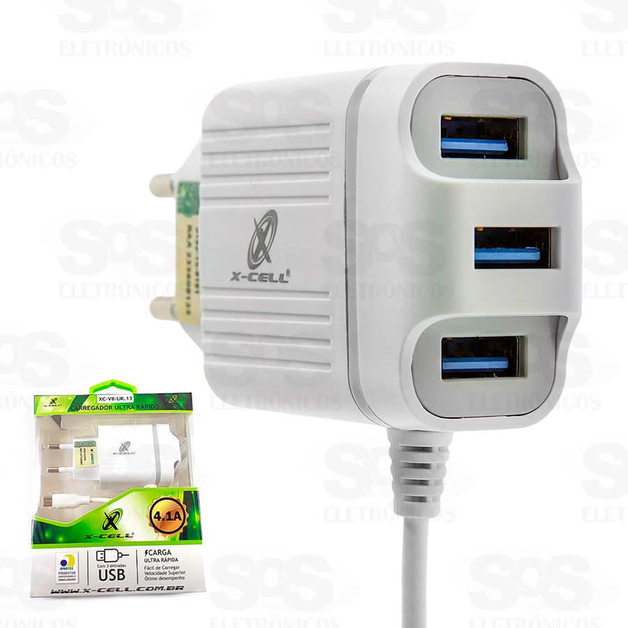 Carregador Micro USB V8 Ultra Rpido 4.1A 3 USB X-cell XC-UR13