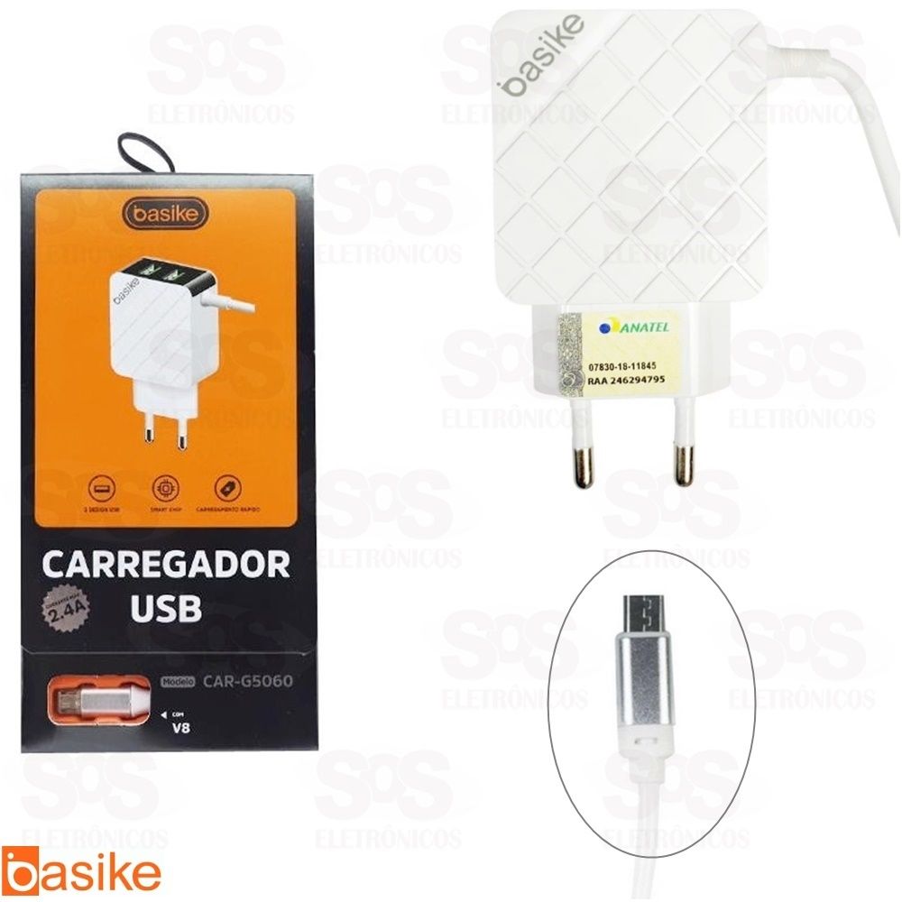 Carregador Micro USB V8 2.4A 2 USB Basike car-5060