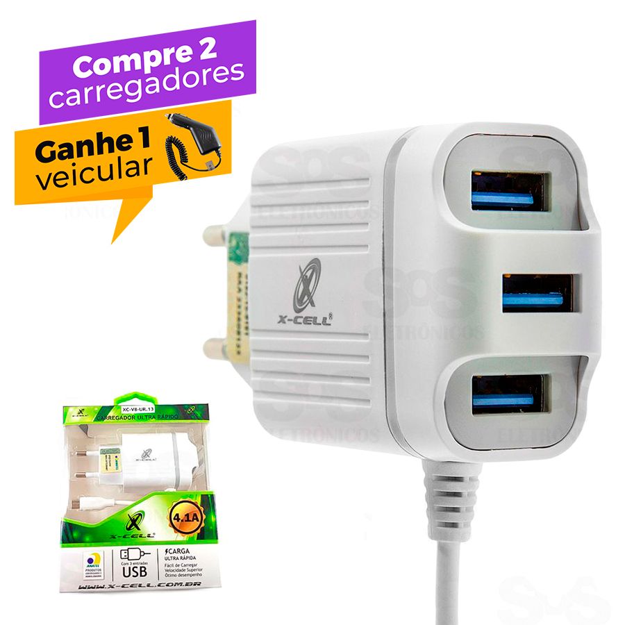 Carregador Micro USB V8 Ultra Rpido 4.1A 3 USB X-cell XC-UR13