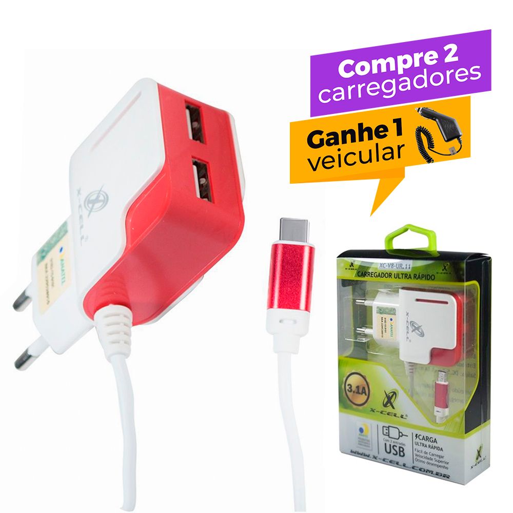 Carregador Type C Ultra Rpido 3.1A Com 3 USB  X-cell UR-14