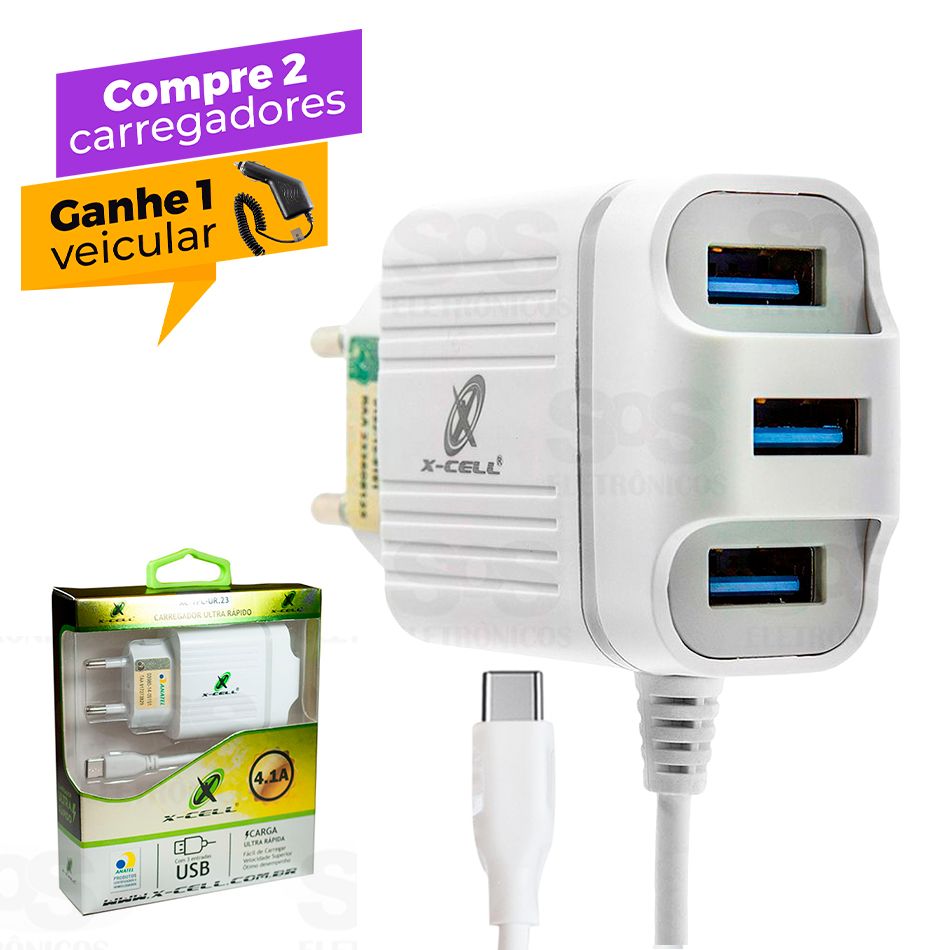 Carregador Type C Ultra Rpido 4.1A 3 USB X-cell xc-tpc-ur23