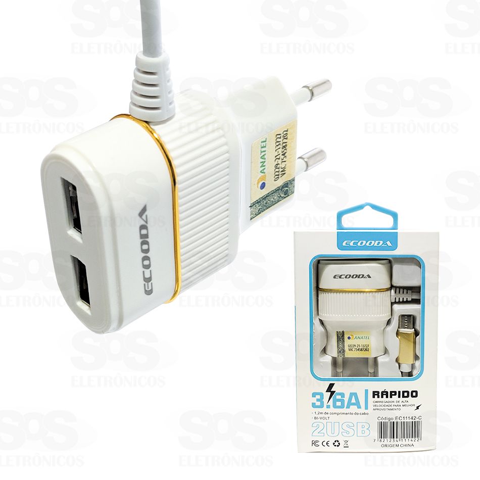 Carregador Type C 3.6A 2 USB Anatel Ecooda 11140 / 11142 / 11144