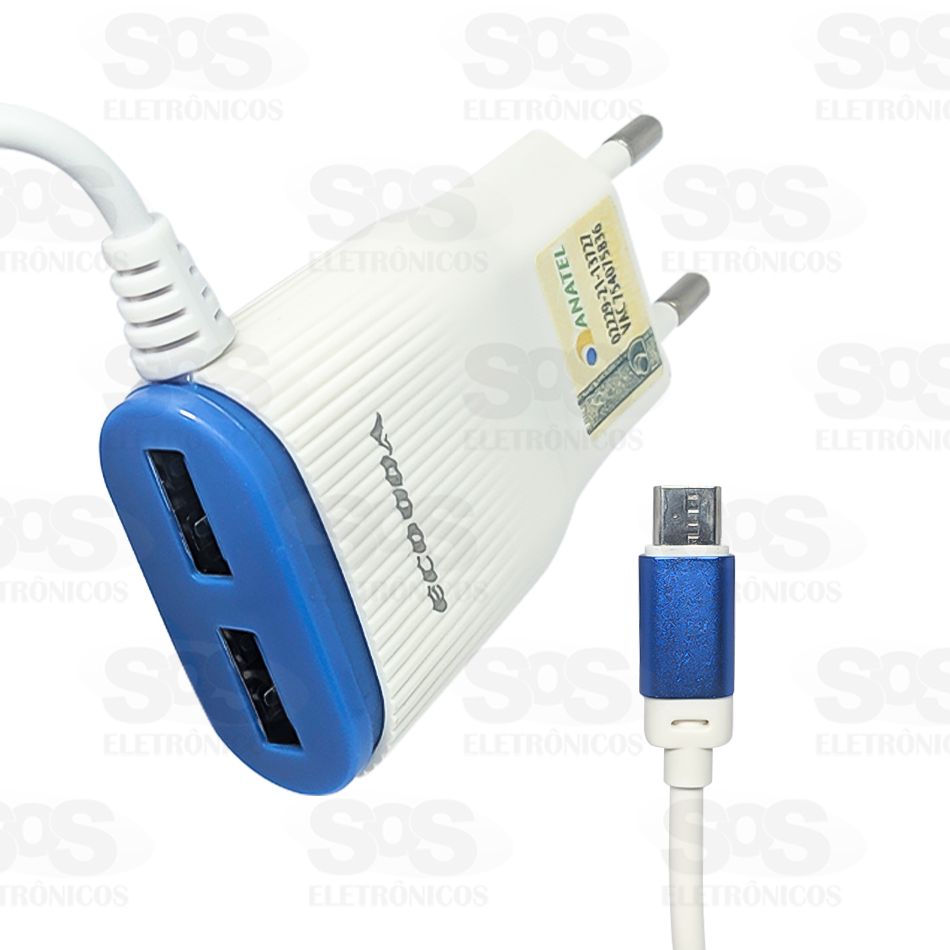 Carregador Micro USB V8 3.6A 2 USB Anatel Ecooda 11081 / 11079 / 11078