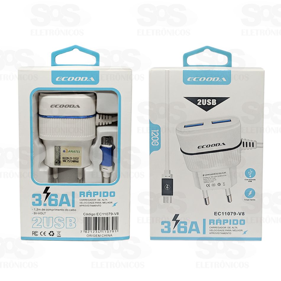 Carregador Micro USB V8 3.6A 2 USB Anatel Ecooda 11081 / 11079 / 11078