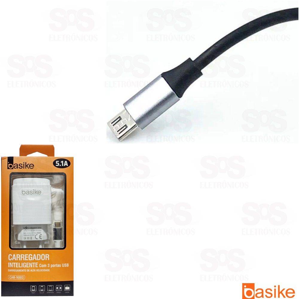 Carregador Micro USB V8 5.1A 3USB Basike car-9002