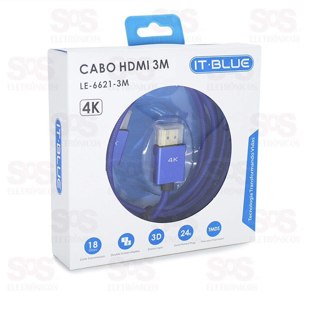 Cabo HDMI 2.0 Suporta 3D/4K 3 Metros It-Blue le-6621-3m