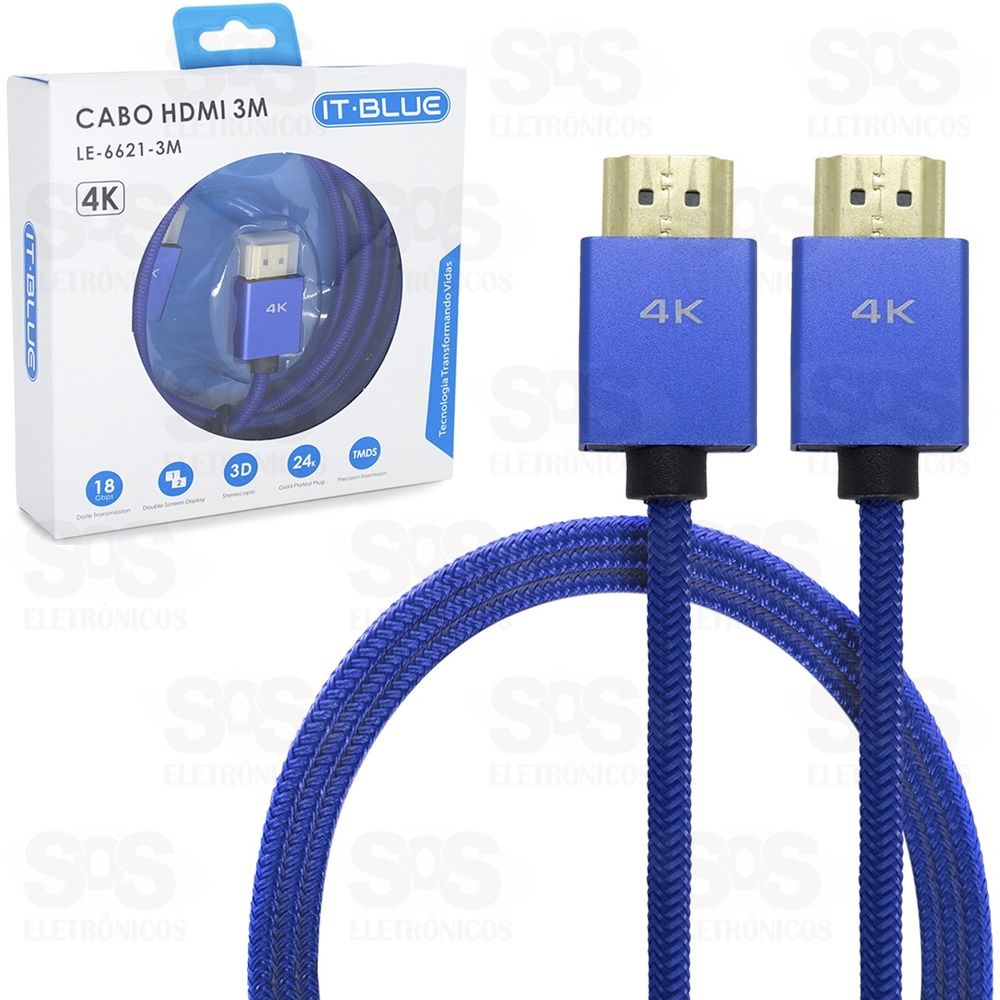 Cabo HDMI 2.0 Suporta 3D/4K 3 Metros It-Blue le-6621-3m