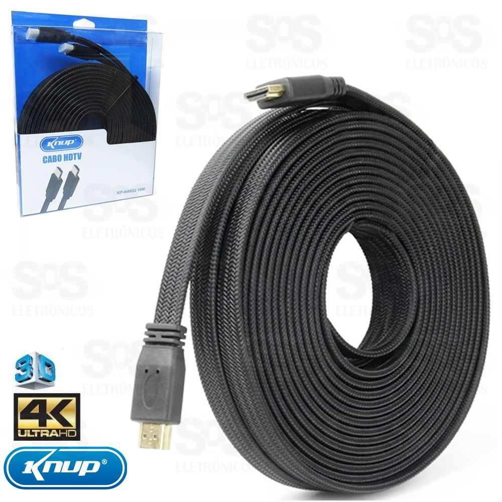 Cabo HDMI 2.0 Flat 3D 4K 10 Metros Knup kp-h4k02