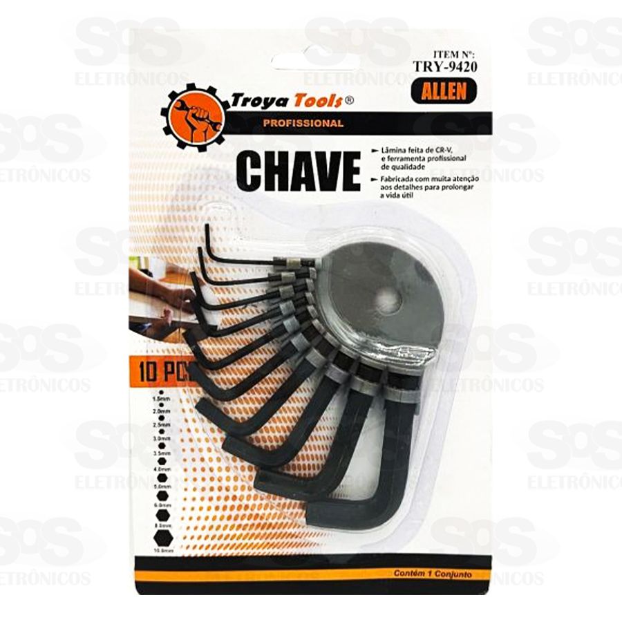 Kit Chave Allen 1,5 a 10mm com 10 Peças Troya Tools try-9420